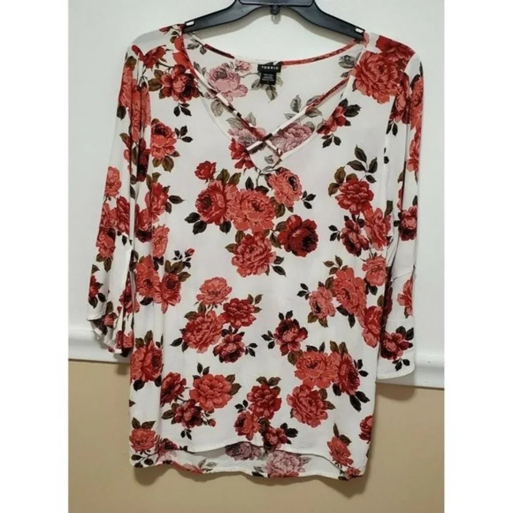Torrid Challis White Floral Print Cross Front